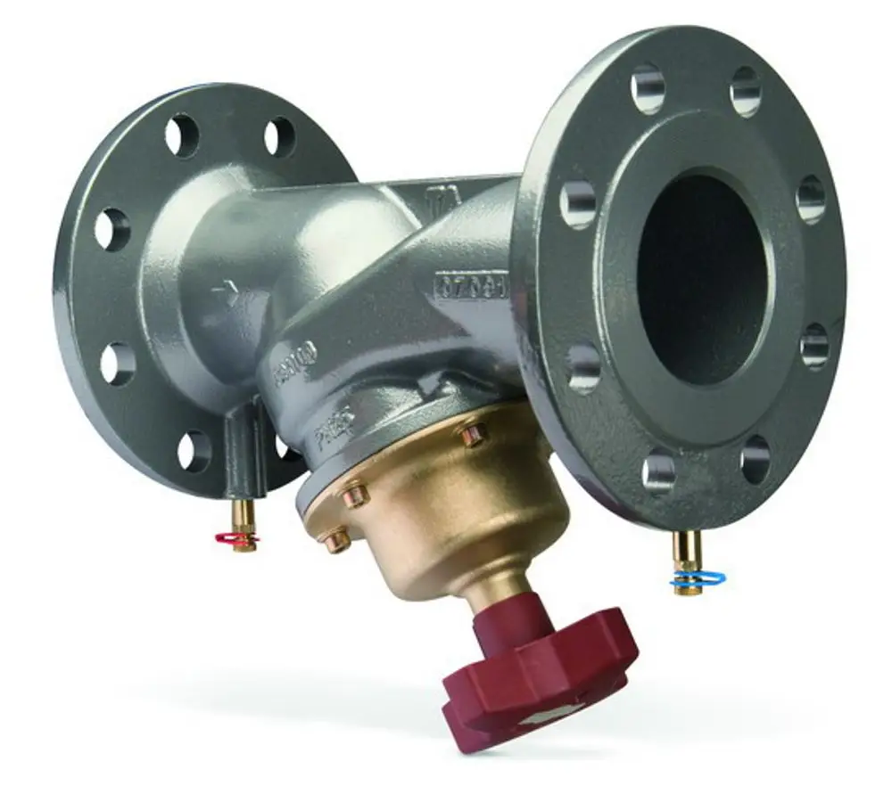 Strangregulierventil mit Flanschanschluss, hergestellt von IMI Hydronic Engineering. Es zeigt ein robustes Design mit verschiedenen Anschlüssen und einem Regelmechanismus.
